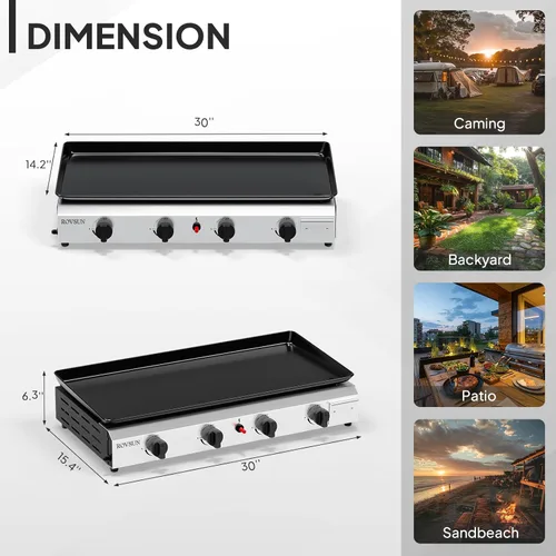 Miniatura 6 de Bonnlo Plancha de Propano Portátil de 4 Quemadores, 40,000 BTU Plancha de Gas con Bandeja Esmaltada, Plancha de Gas de Superficie Plana Rodante