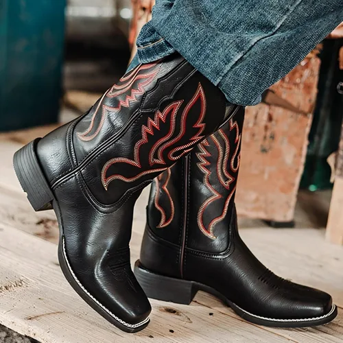 Miniatura 2 de Palitutu Botas vaqueras para mujer a media pantorrilla, botas vaqueras de cuero para mujer, botas de punta con bordado occidental