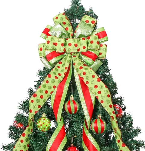 Miniatura 12 de Adorno de lazo grande para punta de árbol de Navidad y corona, lazo con cinta roja de arpillera y borde blanco de poliéster, para hogar, Acción