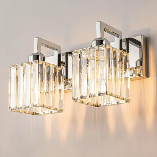 Miniatura 24 de Lámpara de tocador moderna de 2 luces de níquel cepillado, lámpara de tocador de cristal, luz de pared de baño, accesorios de iluminación de baño