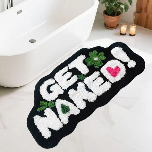 Get Naked - Alfombra de baño negra – Divertida alfombra de baño antideslizante de felpa, 20 x 40 pulgadas, microfibra absorbente de secado rápido,
