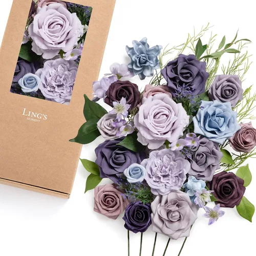 Miniatura 17 de Ling's moment Caja de Flores Falsas, Tallos de Vegetación Artificial Falsa Rosas de Espuma Dalias de Seda Hojas de Rosa Flor de Tela para Centros