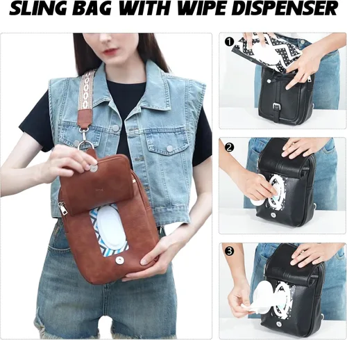 Miniatura 4 de Bolso Bandolera Mochila Cruzada - 2 en 1 Bolso Cruzado de Cuero Riñonera con 2 Correas Extraíbles Mini diaper bag, Instant Wipes pocket, Azul denim