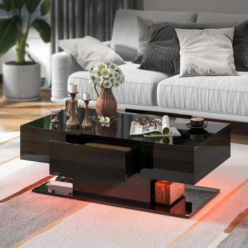 Miniatura 8 de Tangkula Mesa de centro LED con 2 cajones, mesa central moderna de alto brillo, luces LED regulables de 20 colores y control remoto, mesa auxiliar