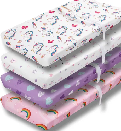 Miniatura 10 de Paquete de 4 sábanas suaves para bebé niña N Play para colchón de mini cuna, diseño de unicornio, arcoíris y corazón, lindo poliéster neutro unisex
