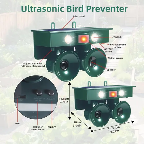 Miniatura 8 de Dispositivos repelentes de pájaros ultrasónicos solares 2026, disuasorios de aves para exteriores, repelente de animales al aire libre