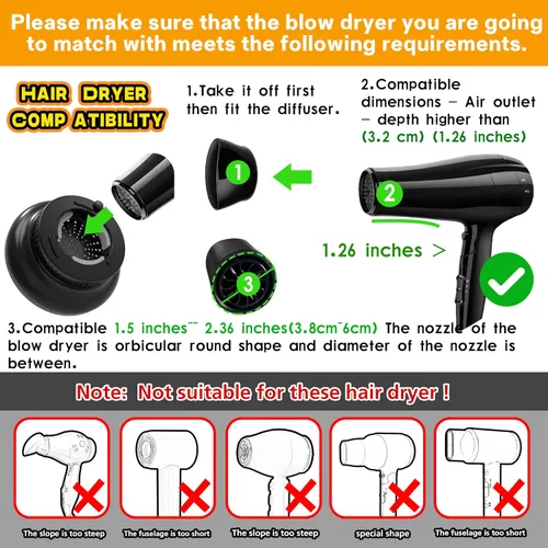 Miniatura 7 de BLOLYO - Difusor universal para secador de pelo, accesorio de boquilla ajustable de 1.5 a 2.36 pulgadas para cabello rizado y ondulado natural, Negro