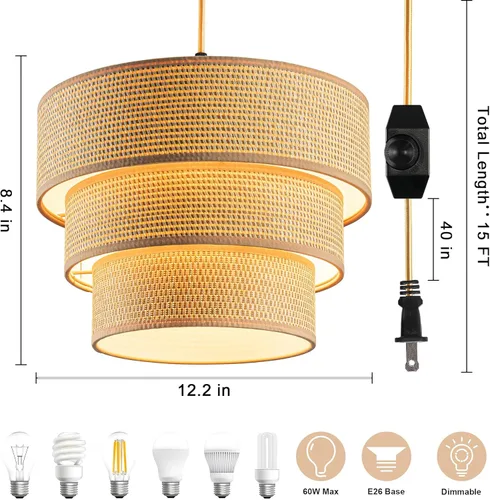 Miniatura 2 de Lámpara colgante enchufable, lámpara colgante con interruptor regulable, accesorios de luz colgante con cable de 15 pies, luz colgante con pantalla