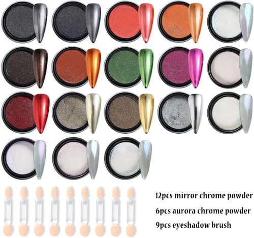 Miniatura 2 de Polvo de uñas cromado camaleón, 10 cajas de polvo cromado Aurora rosa morado, polvo de uñas holográfico dorado y plateado, pigmento espejo metálico