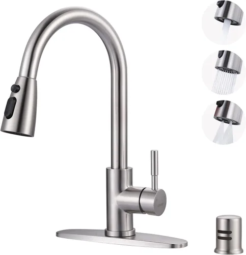 Miniatura 14 de WOWOW - Grifo de cocina cromado con rociador, grifo de fregadero de cocina extraíble de acero inoxidable con placa de cubierta, grifo de cocina