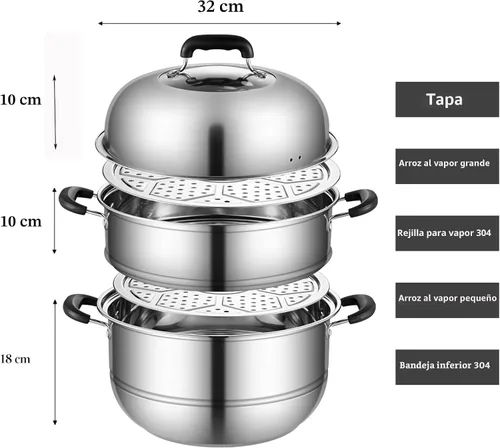 Miniatura 2 de MANO Olla Vaporera para Cocinar de 12.6 Pulgadas con Tapa, Olla Vaporera de Acero Inoxidable de 2 Niveles, Utensilios de Cocina Multiusos con Mango