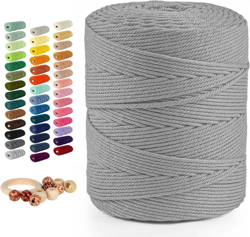Miniatura 34 de Cordón de algodón macramé 5mmx109 yardas 4 hebras, Munzong Natural hecho a mano 4 cuerdas de algodón trenzadas para colgar en la pared, tejido