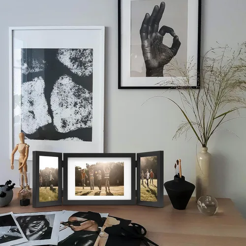 Miniatura 3 de 3 marcos de fotos plegables con bisagras de 4 x 6 y 5 x 7 pulgadas, múltiples marcos de fotos de madera para escritorio con paspartú para mesa