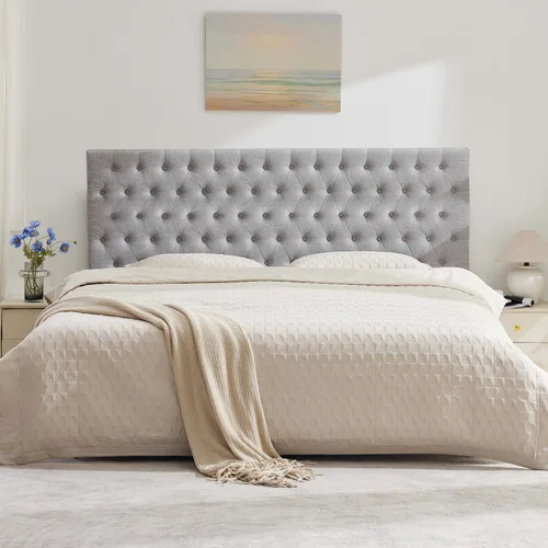 Miniatura 17 de Kingfun Cabeceras con diseño moderno de botones, cabecera de cama tapizada y acolchada de tela de lino premium, cabecera de madera maciza ajustable