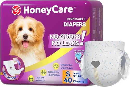 HONEY CARE Pañales desechables para perra de tamaño pequeño, todo absorbente, mejorado, 40 unidades, súper absorbente, transpirable, con indicador