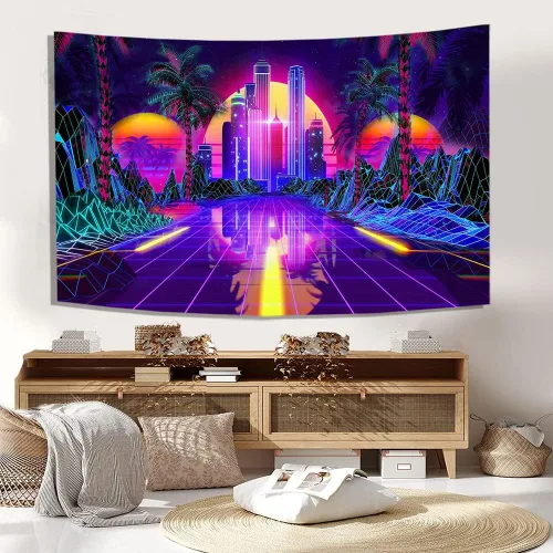 Miniatura 5 de TPMDFC Tapiz punk urbano con luz negra, reactivo a los rayos UV, decoración futurista japonesa de ciudad futurista, tamaño pequeño, 40 pulgadas, 30