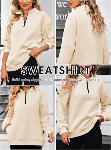 Miniatura 4 de BLENCOT Sudaderas acolchadas con media cremallera para mujer, cuello redondo, manga larga, sin botones, texturizadas, lisas, casuales, a la moda