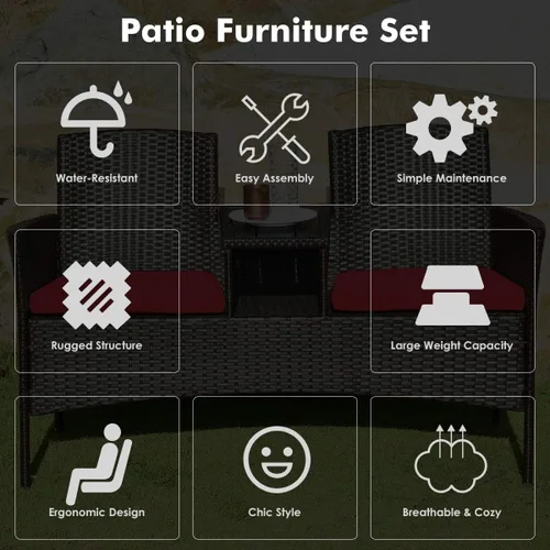 Miniatura 8 de Tangkula Sofá biplaza de ratán para exteriores, juego de conversación para patio con cojines y mesa, moderno juego de sofá de mimbre patentado