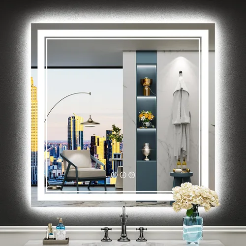 Miniatura 58 de 30x36 Espejo de baño LED con luces, retroiluminado y luz frontal, espejo de tocador iluminado antivaho para pared de baño, 3 colores, regulable