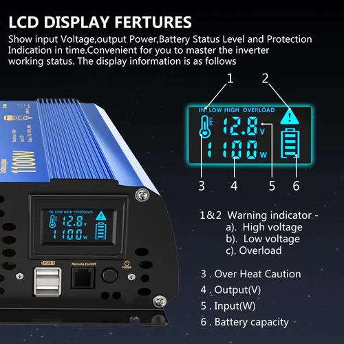 Miniatura 2 de Inversor de potencia 1100 vatios 12V DC a 110V 120V AC, inversor de 1000 W con pantalla LCD, control remoto, 2 tomas de CA, puertos USB duales