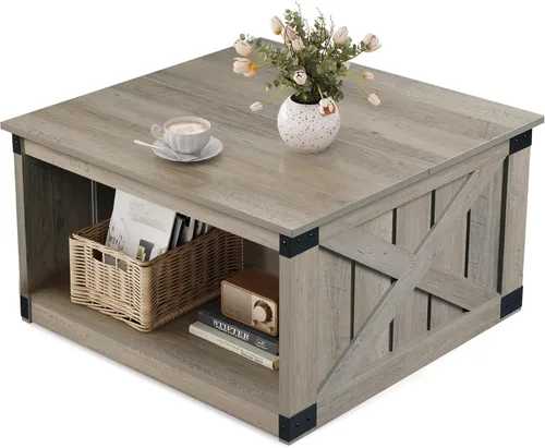 Miniatura 11 de WLIVE Mesa de Centro, Mesa de Centro Estilo Granja de 43" con Estante de Almacenamiento y Soporte Resistente en Forma de V, Mesa Central de Madera