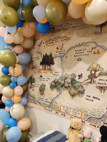 Miniatura 4 de Telón de fondo de oso de bosque de 100 acres para baby shower, 7 x 5, fondo de oso feliz cumpleaños, oso para el hogar, mapas, fondos para niños