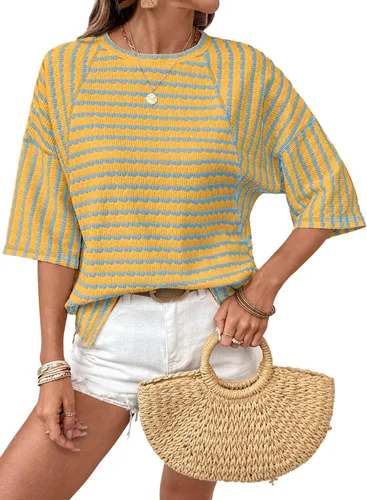 Miniatura 16 de Dokotoo Camisetas de verano para mujer, camisetas de gran tamaño para mujer, a rayas, bloques de color, manga corta, cuello redondo, blusas casuales
