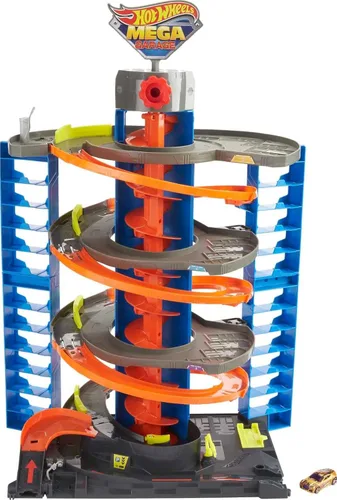 Hot Wheels City Mega Garage Juego con elevador de corcho y almacenamiento para más de 60 autos, incluye 1 vehículo Hot Wheels a escala 1:64, regalo