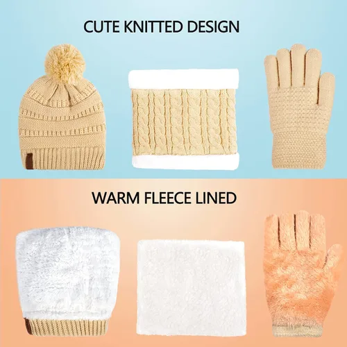 Miniatura 5 de Conjunto de gorro de invierno para niños, bufanda y guantes con forro polar para niñas de 1 a 5 años