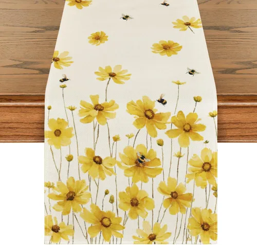 Artoid Mode Camino de mesa de verano con flores amarillas, margaritas y abejas, temporada de Pascua, otoño, vacaciones, cocina, comedor, decoración