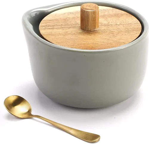 everous Caja de sal Base de color gris Salero Diseño elegante Cajas de sal de gran capacidad Tapa de madera gris Base de cerámica con cuchara pote