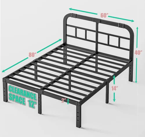 Miniatura 2 de ZIYOO Base de cama tamaño Queen con cabecero, 14 pulgadas de alto, listones de acero resistente de 1500 libras, soporte para colchón, no necesita