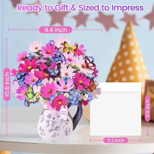 Miniatura 7 de Tarjetas de cumpleaños CUISH, tarjeta de feliz cumpleaños con luz y música, Cosmos Margarita No me Olvides, tarjeta de regalo de ramo de flores 3D