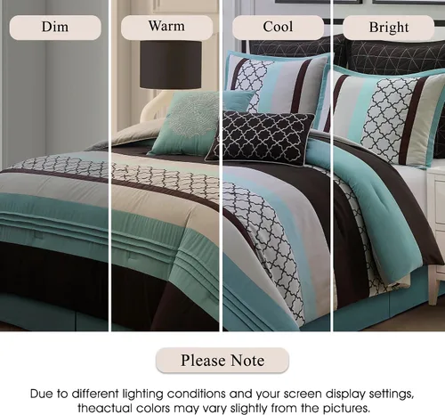 Miniatura 5 de Stratford Park - Juego de edredón de 8 piezas con diseño de pin tuck a rayas, color aguamarina y marrón, tamaño Queen, con faldón de cama a juego
