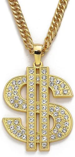 Gold Chain with Dollar Sign Big Money Necklaces for Men Women,Stainless Steel Iced Out Rhinestone Jewelry,Fashion Pendants with 28 Inches Chain