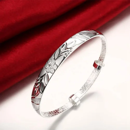 Miniatura 6 de Yuren Pulsera de plata de ley 925 tallada con flor de fu, 0.62 oz, peso 2.6 in, para regalo de boda