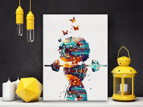 Miniatura 4 de Hijie Póster de acuarela de niña de fitness para decoración del hogar, dormitorio, gimnasio, lienzo para levantamiento de pesas, pintura de pared