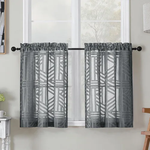 Miniatura 48 de Simplebrand Cortinas traslúcidas negras de cocina de 24 pulgadas de largo, 2 paneles, filtrado de luz, geométrico jacquard con textura, cortinas