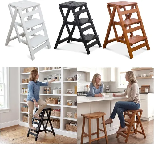 Miniatura 8 de Taburete para adultos/escalera/silla de mostrador, taburete plegable de madera portátil de 3 escalones, antideslizante y ligero (negro)