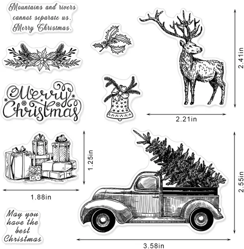 Miniatura 2 de Sellos Transparentes de Camión con Árbol de Navidad para Hacer Tarjetas y Decoraciones de Álbumes de Fotos, Sellos de Silicona con Palabras