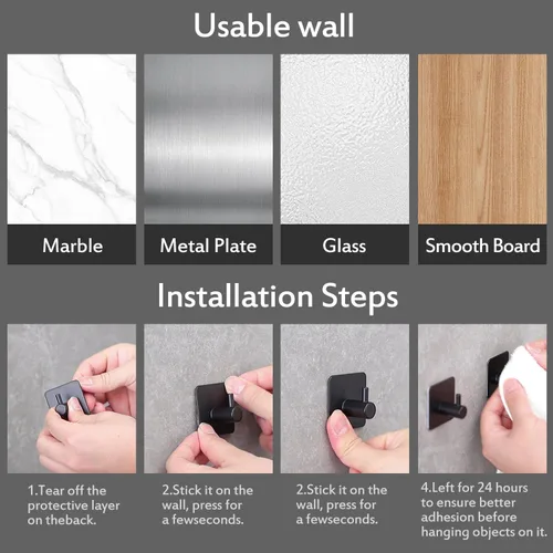 Miniatura 6 de YIGII Ganchos adhesivos/Gancho para toalla - Ganchos de pared que se adhieren, resistentes para colgar toallas/abrigo/sombrero/bolso en baño, Negro-a