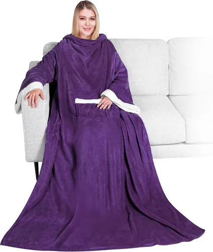 Miniatura 22 de PAVILIA Manta de forro polar con mangas para mujeres y hombres adultos, manta portátil cálida y suave, acogedora con bolsillo para abrazarse, manta