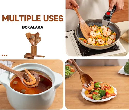Miniatura 3 de Cucharas de madera para cocinar, 9 utensilios de madera de teca natural para cocinar, juego de utensilios de cocina de madera y juego de utensilios