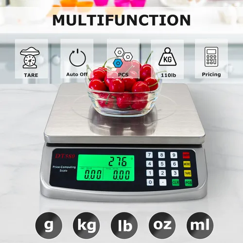 Miniatura 2 de Báscula de alimentos de 110 libras, báscula digital de cocina con computación de precios, báscula comercial, 5 unidades, soporte, tara, PCS, acero