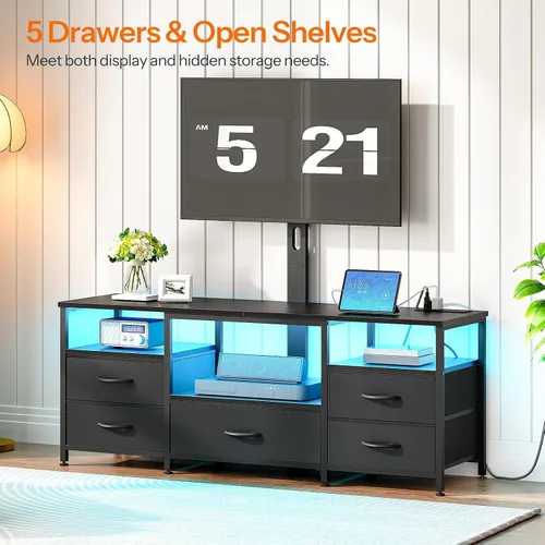 Miniatura 9 de HOOBRO Soporte de TV con soporte y toma de corriente, para televisores de 32/45/55/60/65 pulgadas, centro de entretenimiento LED giratorio