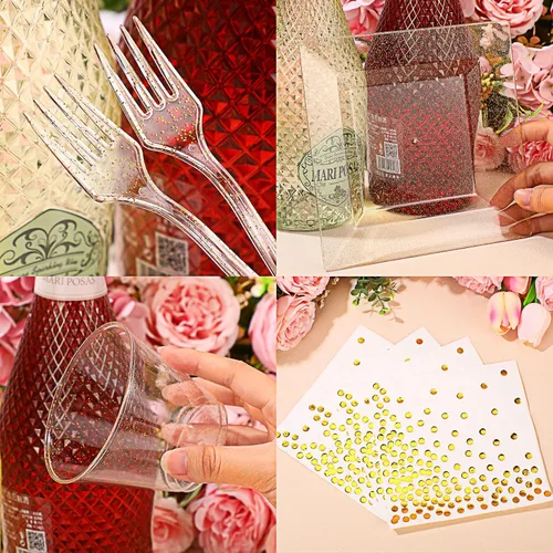 Miniatura 3 de Nosiny Juego de vajilla de 400 piezas con purpurina para 100 invitados, juego de platos cuadrados de plástico transparente con purpurina con tazas
