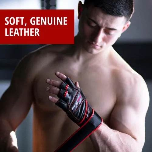 Miniatura 7 de Guantes de levantamiento de pesas para gimnasio, fitness, fisicoculturismo, guantes de entrenamiento cruzado de cuero Dominator Crossfit, con correa