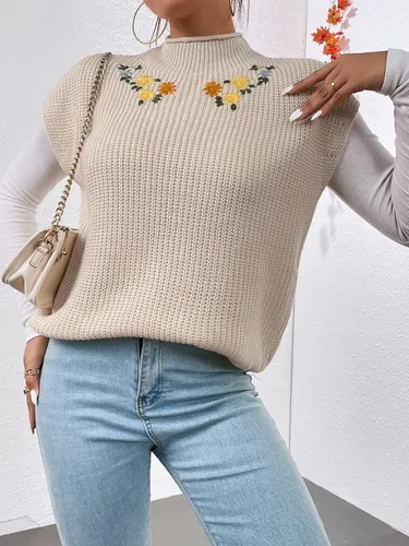 Miniatura 4 de Floerns Chaleco de suéter con cuello alto bordado floral para mujer