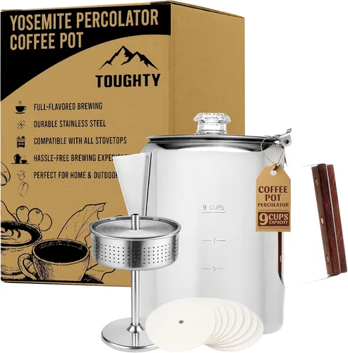 Miniatura 8 de Cafetera Percoladora Toughty Yosemite – Cafetera Clásica de Estufa para Acampar, Senderismo y Hogar, Olla Duradera de Acero Inoxidable, Compatible