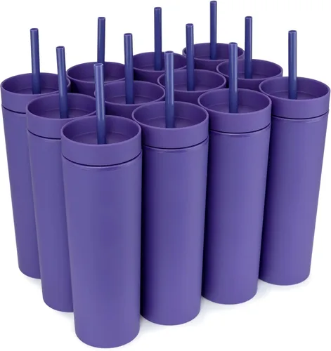 Miniatura 11 de STRATA CUPS Vasos delgados multicolor con tapas y popotes (paquete de 12) - Vaso acrílico de doble pared de 16 onzas, vasos delgados mate altos, a